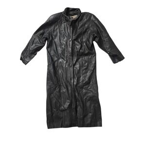 Vintage Otello Pelle Black Leather Long Trench Coat Matrix Goth Grunge Size M...